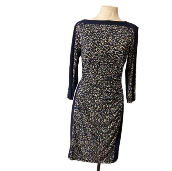 Ralph Lauren Dress Navy Blue Brown 2 XS Washable Stretch Sheath Career Church - Picture 1 of 9